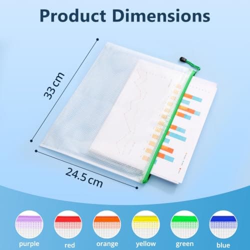 SUNEE Plastic Wallets A4L, 12 Pack Mesh Zip Lock Document Wallets & File Bags, Waterproof Plastic Folders A4L for School, Office, Home and Travel Storage - 6 Colours — view 2