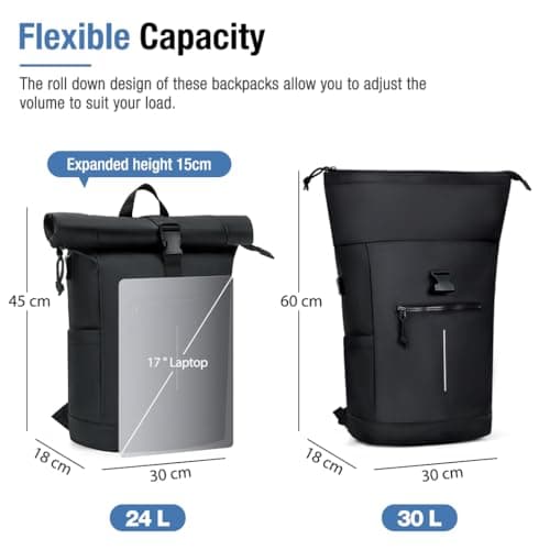 Lekeinchi Waterproof Laptop Backpack for Men and Women - Lightweight Roll Top Design for School, Travel, Business, Work, and Camping(Black) — view 3