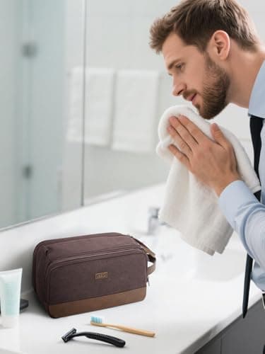 WANDF Toiletry Bag for Men Travel Wash Bag Toiletry Organizer Canvas and PU Leather Dopp Kit Water-Resistant Shaving Kit for Travel Accessories (Brown, Patent Pending) — view 5