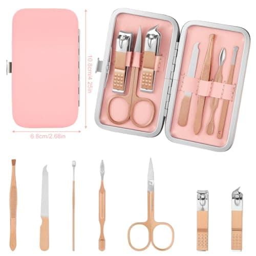 ALIIP Manicure Set 7-Piece Professional Nail Clipper Set with Leather Case, Portable Travel Nail Care Kit for Women, Stainless Steel Nail Grooming Kit for Home & Gifts,Pink — view 2
