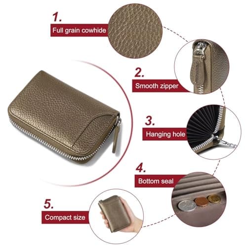 GADIEMKENSD Women Credit Card Holder Small RFID Wallet Zipper for Travel Leather Accordion Wallets Inserts Case Photo Business Cards Organizer Cute Compact Credit Card Slot Cash Slots Bronze — view 5