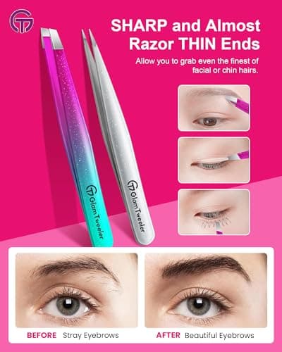 Expert Slant and Point Tip Tweezer Set with Exclusive Travel Case, GlamTweeler Sharp & Precision Tweezer Set for Eyebrows, Facial Hairs & Fine Hairs Removal (Sparkle Purple & Turquoise + Silver) — view 5
