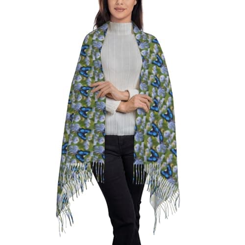 Blue Butterfly Print Elegant Fringe Scarf Shawl Wrap For Women Winter Fall Spring Travel Accessory Gift — view 2