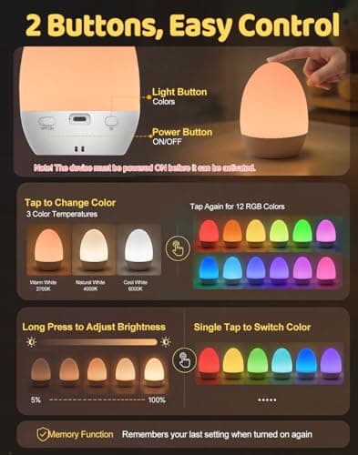 Egg Light Baby Night Light - 2600mAh Rechargeable Bedside Lamp with 3 Color Temperatures + 12 RGB Colors, Touch Dimmable, Battery Lamp for Newborn, Night Feeds, Toddler, Kids, Perfect Baby Essentials — view 2