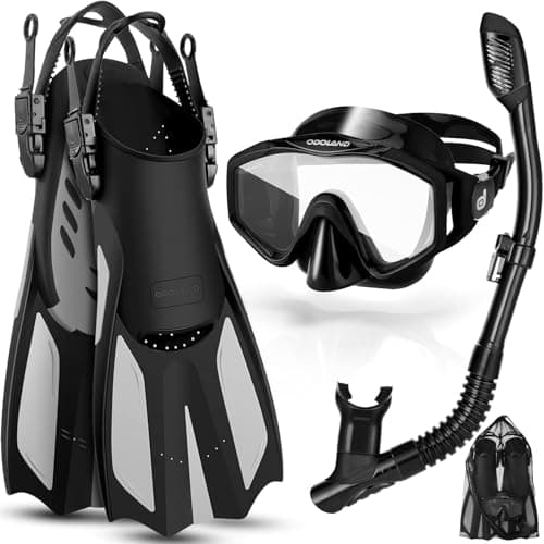 Snorkel Set for Adults, Anti-Fog Diving Mask with Dry Top Snorkel & Swim Fins, Wide View Scuba Flippers Snorkeling Gear for Men Women Youth Grey L