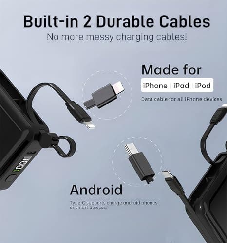 Small Power Bank, 10000mAh Fast Charging Portable Charger with Built-in Cables, 22.5W PD LED Display Travel Essential USB C Battery Pack for iPhone 16/15/14/13 Android Tablet (Black) — view 2