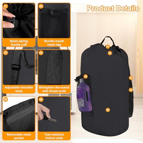 Backpack Laundry Bag, Extra Large 95L Foldable Laundry Basket with Shoulder Straps and Mesh Pocket, Portable Travel Clothes Hamper Bag for College, Travel, Laundromat, Apartment (Black) — view 3
