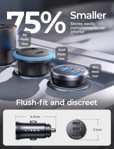 LISEN Smallest USB C Car Charger Fast Charge 3‑Port (36W PD/33W PPS/QC3.0) — view 5