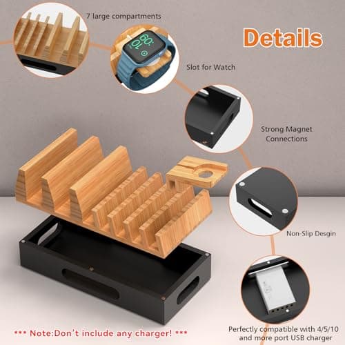 All In One Family Dock Station, Wooden Bamboo Charge Stand-Natural+Black — view 3