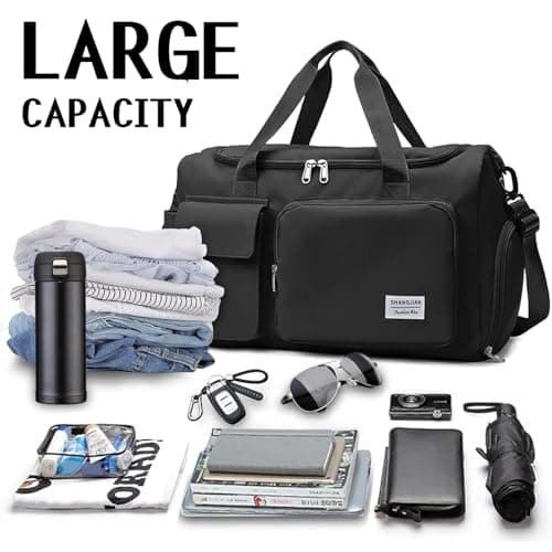 Mens Womens Sports Gym Bag Duffle Bag with Shoes Compartment, Water Resistant Holdall Hospital Bag for Swimming, Weekend Travel Bag Overnight Bag for Women (Black) — view 6