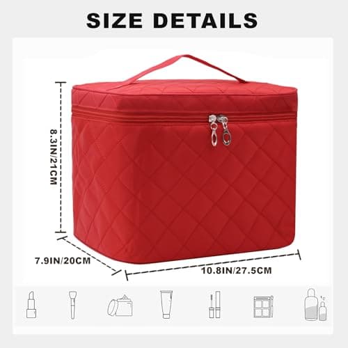 Large Make Up Bag,Portable Cosmetic Bag with Handle Zipper Waterproof Make Up Organizer Bag Travel Toiletry Bag for Women Girls (RED) — view 5