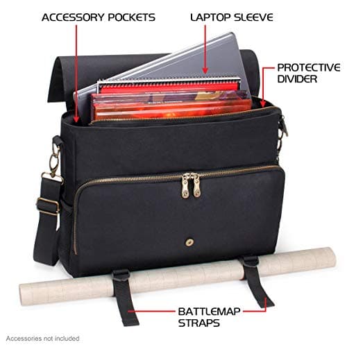 ENHANCE Tabletop DnD Bag - RPG Player's Essentials Dungeons and Dragons Messenger Bag Fits 2-4 Books, Binders, Dice & Accessories, with 17 inch Laptop Compartment and Battlemap Carrying Straps (Black) — view 3