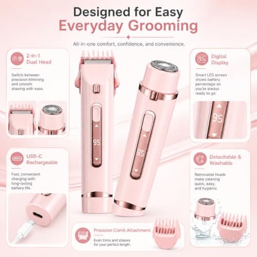 Bikini Trimmer Women - 2 in 1 Pink Electric Razor for Women & Men - USB-C Travel Lady Shaver Washable - Dual Head Body Hair Trimmer for Shaving Pubic Hair, Legs, Underarms, Lip, Face, Intimate Area — view 2