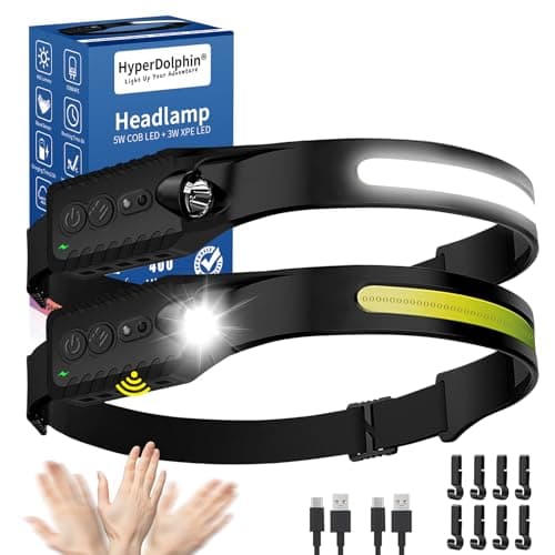 Head Torch Rechargeable [2 Pack], 400 Lumen Waterproof LED Headlamp with Motion Sensor, 230° headband light, 5 Lighting Modes, Long Runtime, Lightweight Headlight for Adults for Running Fishing Hiking