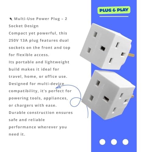 2 Way 3 Pin Power Plug Adaptor Splitter 13A Multi Wall Plug Cube 3 pins Socket Splitter Extension Plug adaptor UK Socket Splitter Block for Kitchen, Home, Office etc (pack of 2) — view 5