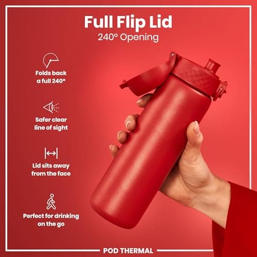 Ion8 Vacuum Insulated Steel Water Bottle, 320 ml/11 oz, Leak Proof, Easy to Open, Secure Lock, Dishwasher Safe, Carry Handle, Metal Water Bottle, ThermoShield Stainless Steel, Red — view 4