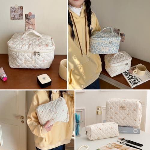 Aucuu 3PCS Coquette Makeup Bag, Quilted Makeup Bag for Women, Floral Cotton Cosmetic Bag Set, Large Capacity Aesthetic Floral Toiletry Bag, Travel Toiletry Bag, Wash Organizer Pouch for Women Girls — view 6