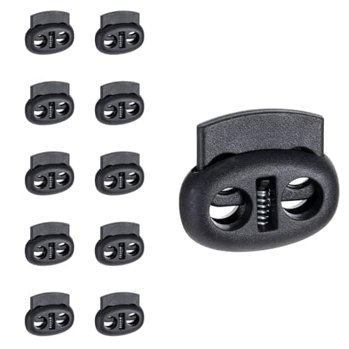 Ajcotahm 10Pcs Toggles for Drawstrings, Plastic Spring Cord Locks Black Dual-Holes Shoe Lace Tie Locks Drawstring Stopper Fastener for Shoelaces Drawstrings Sweatpants Hats Clothing Bags (Flat)