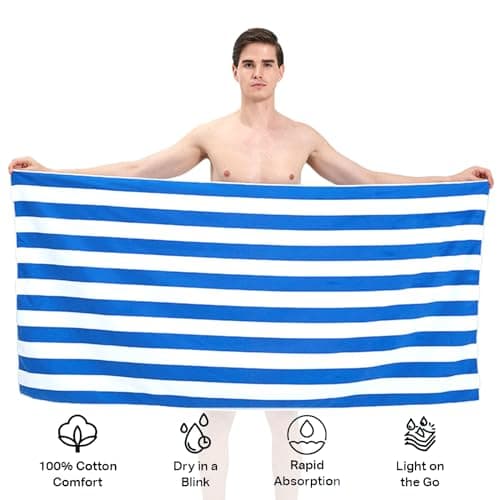 Large Quick Dry Microfibre Beach Bath Towel for Adult,Double Sides Blue White Striped Sand Free Beach Towel with Bag,Lightweight Gym Yoga Sports Towel,Compact Travel Summer Beach Towel for Women Men — view 3