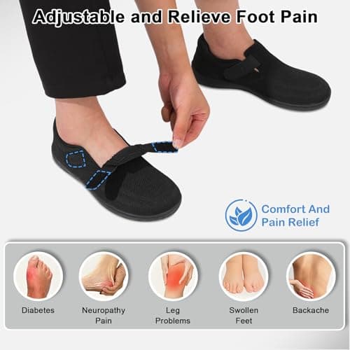 Men's Wide Walking Shoes Extra Wide Adjustable Slip On Orthopedic Barefoot Zero Drop Sneakers for Swollen Feet (All Black, Adult, Men, 8.5, Numeric, UK Footwear Size System, Wide) — view 4