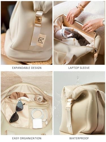 MOIY Water roof Gym Bag for Women with Shoe Compartment, Weekender Bags for Women Travel, Carry on Bags for Airplane, Neoprene Travel Bag, Yoga mat Bag, Beige, Duffle Bag with Detachable Strap — view 4
