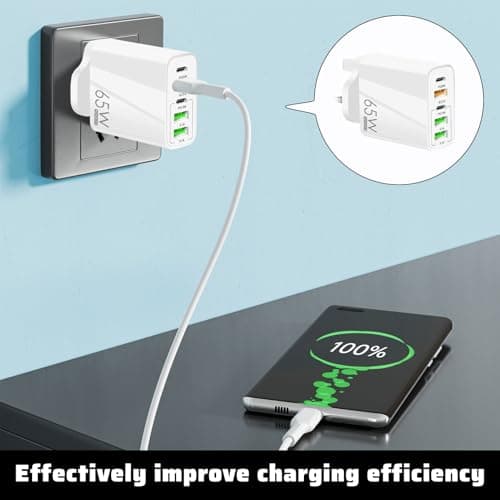 65W 5-Port USB Fast Charger,USB Plug Charger,65W Fast Charging,Wall Plug Multi Fast Charging Plug for Iphone/Samsung/Huawei/Tablet,Multi-Port Quick Charge Adapter (White) — view 4