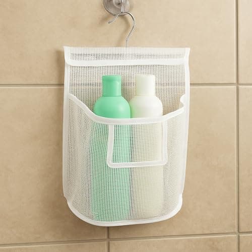 Bojueshaw Hanging Mesh Shower Bag with Hook,Reusable Laundry Clothespin Holder,Peg Basket for Washing Line,Bathroom & Travel(White) — view 6