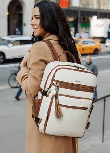 Shrrie Laptop Backpack for Women,Vegan Leather Backpack Work Computer Backpacks fits 16" Laptop,Water Resistant Teacher Nurse Casual Daypack for Weekender Camping Travel,Beige with Brown — view 2