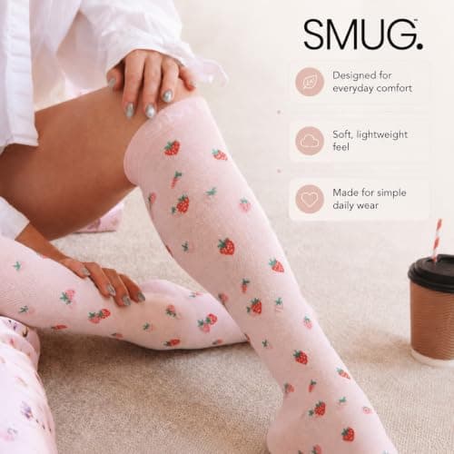 SMUG Bamboo Compression Socks 15–20 mmHg – Graduated Knee High Support Socks for Travel, Flying, Running, Nursing, Pregnancy & Everyday Wear | Strawberries (S/M) — view 4
