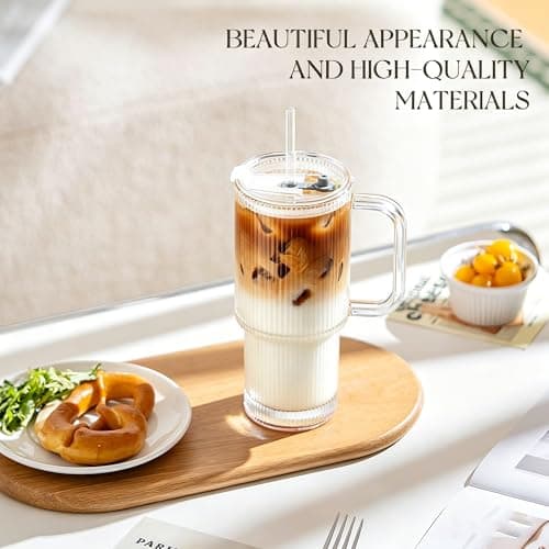 KEMORELA 768ml Ribbed Glass Tumbler with Handle, Leakproof Lid & Straw, 26oz Large Iced Coffee Glass Cup with Straw Brush, Reusable Glass for Smoothies, Matcha & Juice, Car Cup Holder Friendly — view 2