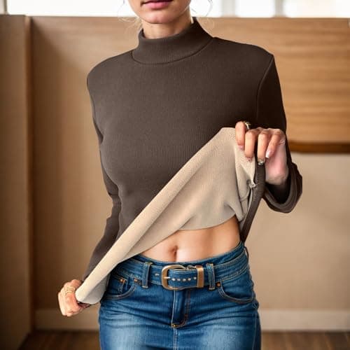 Longra Thermal Pullover Long Sleeve Top Women Stretchy Ladies Turtle Neck Thermals Jumpers T Shirt Base Layer Thermal Underwear Warm Fleece Shirt Winter Thermals Wear for Women Coffee — view 3
