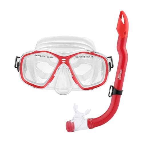 Two Bare Feet Snorkel and Mask PVC Diving Set – (Kids) Snorkeling Gear with Anti-Leak Design, Comfortable Fit, Clear Vision Lens, and Adjustable Straps for Diving, Swimming & Watersports (Red)