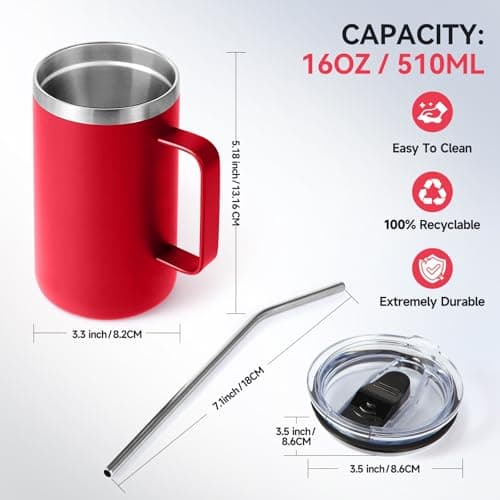 Volhoply 470ml (16oz) Insulated Coffee Mug with Lid and Straw, Stainless Steel Travel Mugs with Handle, Double Wall Vacuum Leak Proof Coffee Tumbler Cup (Red,1) — view 3