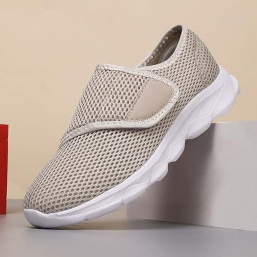 Men’s Slip On Walking Trainers with Cross Elastic Band Breathable Mesh Lightweight Cushioned Shoes for Summer Travel Outdoor Activities Beige, Size 5 — view 5