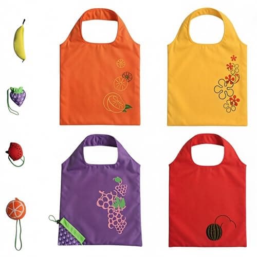 Cosiesnest 4 Pack Strawberry Foldable Shopping Bags with Fruit Patterns, Portable Reusable Tote Bags for Grocery, Travel, Beach, Gym & Everyday Use, Lightweight & Durable (Style 2)