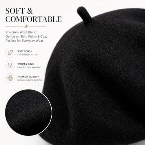 ITRAT Women's Beret Hat – Classic French Style Beret for Women, Soft Warm Wool Blend Ladies Fashion Hat, Elegant Parisian Winter Autumn Cap for Casual, Travel & Everyday Wear (Black) — view 3