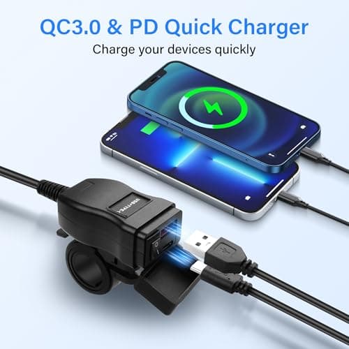 PNGKNYOCN Motorcycle USB Charger, 30W USB Type C PD & USB 3.0 Quick Charge Motorcycle Waterproof Charger Port to U-Shaped Terminal for Phone, Tablet, GPS(1.2M) — view 2