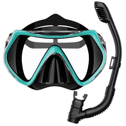 BuyCard Snorkel Mask,180 Degree Panoramic View Dry Top Snorkeling Gear，Safe Anti-Leak Anti-Fog Diving Mask, Snorkel Set and Swimming Goggles (Peacock Green)