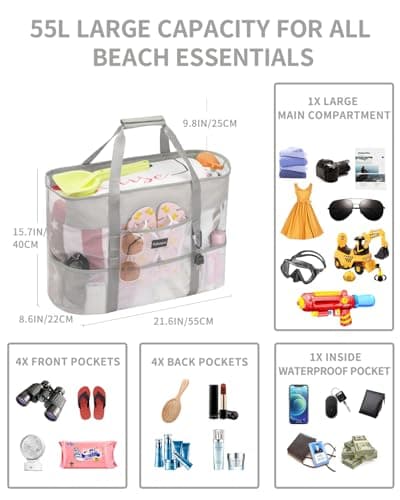 Large Beach Bag with Zip Mesh Beach Bags for Women Men Family, L White — view 2