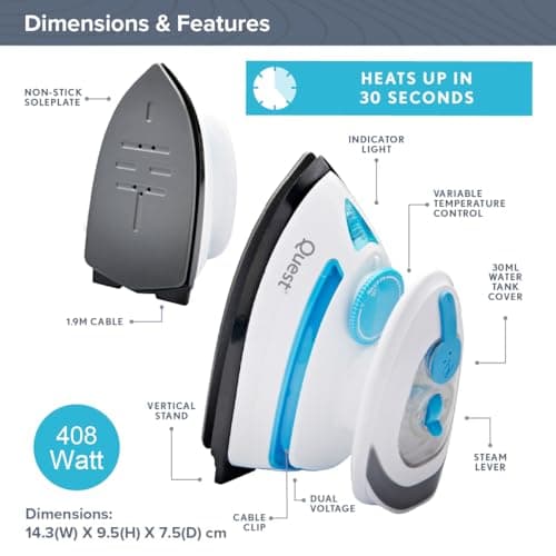 Quest Mini Travel Iron/Steam Travel Iron with Temperature Control/Non-Stick Soleplate / 30ml Water Tank/Measuring Cup Included / 408W Power — view 2