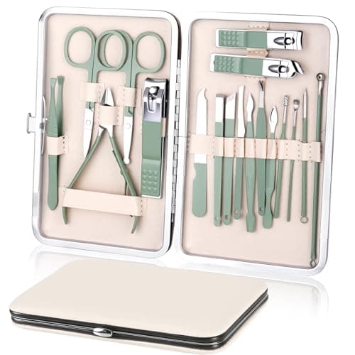 URAQT Professional Manicure Set, 18 pcs Portable Nail Clippers Pedicure Set & Eyebrow Grooming Kit, Stainless Steel Nail Care Tools with Luxurious Leather Case(Green)