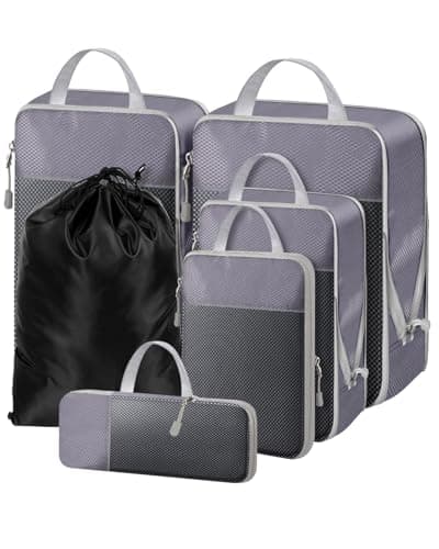 NMNGB Compression Packing Cubes for Carry on Suitcase, 6 Set Travel Luggage Packing Organizer Bag with Mesh, Extensible Luggage Suitcase, Multifunction Organisers, Grey