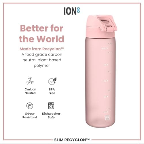 Ion8 Water Bottle, 500 ml/18 oz, Leak Proof, Easy to Open, Secure Lock, Dishwasher Safe, BPA Free, Hygienic Flip Cover, Carry Handle, Fits Cup Holders, Easy Clean, Carbon Neutral, Rose Pink — view 5