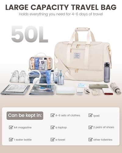 LOVEVOOK Travel Bags for Women, 50L Large Weekend Overnight Holdall Hospital Bags with Toiletry Bag, Shoe Compartment & Wet Pocket, Waterproof Cabin Hand Luggage Bag for Travel Gym Sports, Beige — view 5