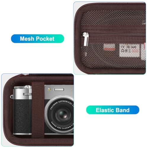 BOVKE Camera Case for Fujifilm X100VI/ X100V/ X100F/ X100S/ X-E5 Digital Camera, Fujifilm X100VI Camera Travel Storage Bag Hard Case Holder, Extra Mesh Pocket for Batteries, SD Card, USB Cable, Brown — view 3