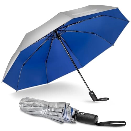 NINEMAX UV Umbrella for Sun Protection UPF 50+, Sun Umbrella UV Protection, Travel Compact Brolly Solar Blocking Reflective Windproof Auto Open Close,46 Inch (Silver Blue)