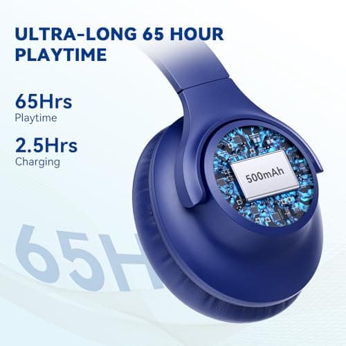 KVIDIO Bluetooth Headphones Over Ear, 65 Hours Playtime Wireless Headphones with Microphone, Foldable Lightweight Headset with Deep Bass,HiFi Stereo Sound for Travel Work PC Cellphone (Blue) — view 2
