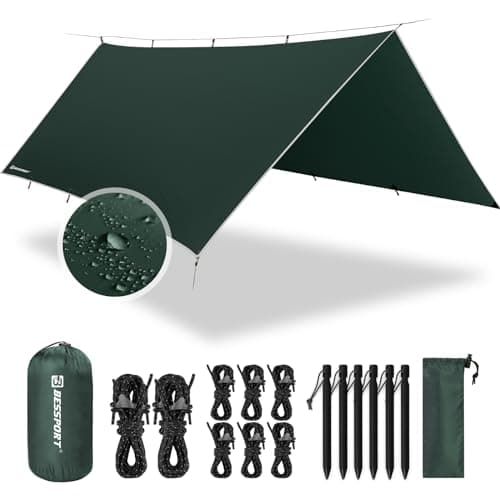 Bessport Camping Tent Tarp 3m x 3m/3m x 4m Waterproof PU3000 mm with Eyelets & 6 Aluminium Stakes & 8 Nylon Ropes, Anti-UV Suitable for Camping, Picnic, Hammock