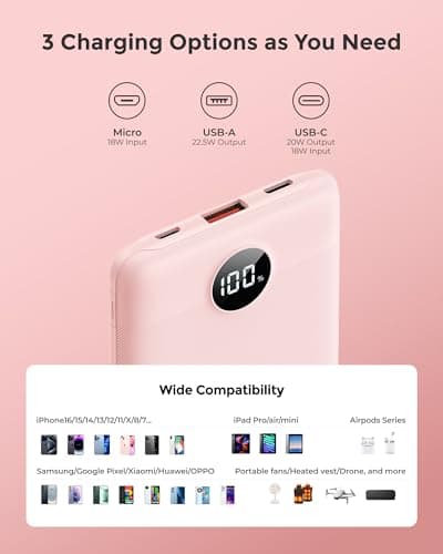 VEEKTOMX Power Bank Fast Charging, 10000mAh Mini USB C Portable Charger with PD QC 3.0, Small Battery Pack, Compact External Battery Bank for iPhone, Samsung, Travel Essentials (Pink) — view 4