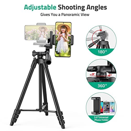 Lightweight Tripod 55-Inch/135cm, Video/Phone/Light Camera Tripod Stand with Wireless Remote Shutter, Phone Clip, Carry Bag for Travel/YouTube Video/Photography/Vlog, Compatible with iOS & Android — view 5